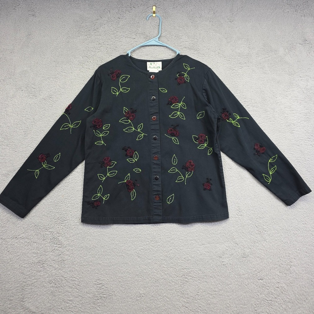 Quacker Factory Jacket Womens S Black Floral Embroidered Ladybug Beaded Classic